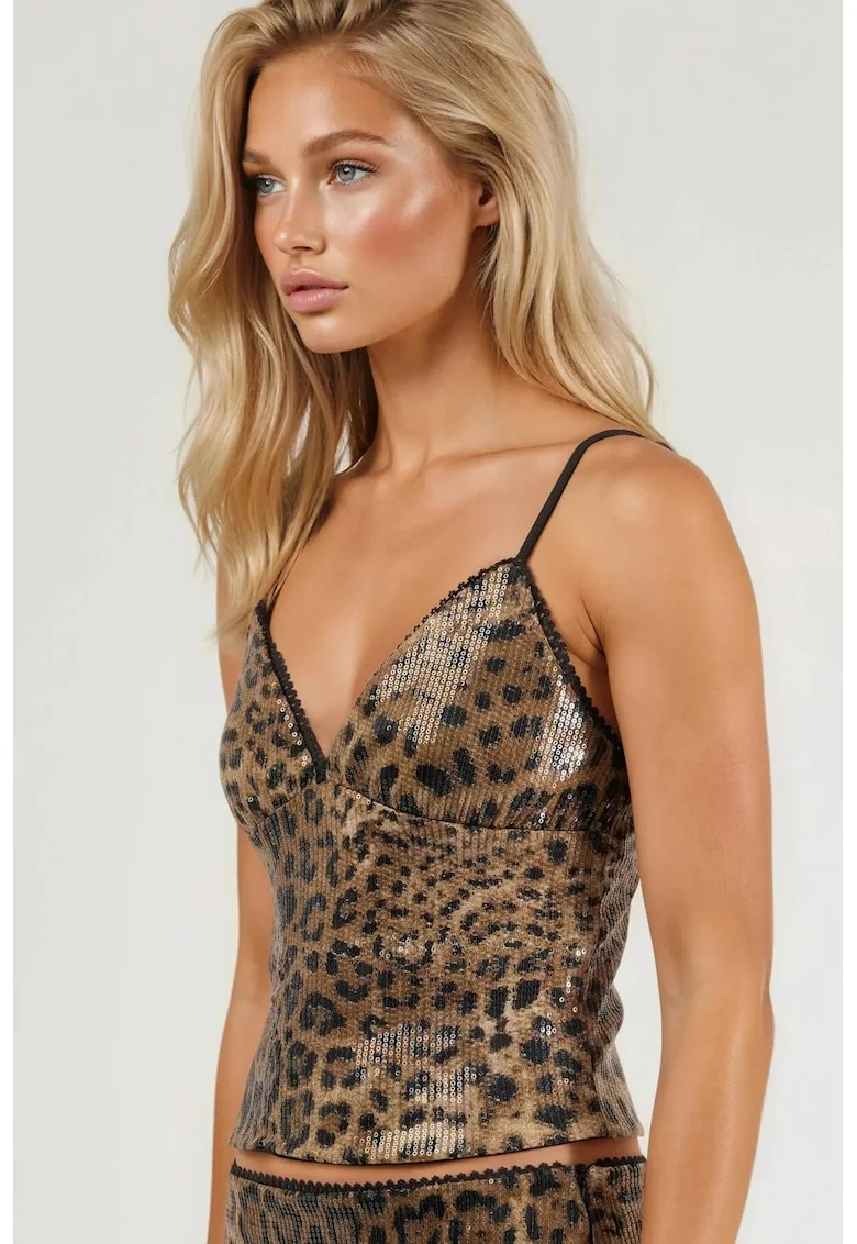Maiou dama  cu paiete, imprimeu leopard, maro, poliester/lycra