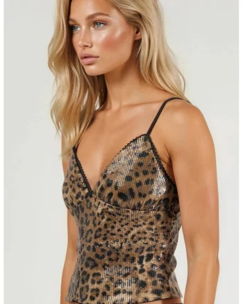Maiou dama  cu paiete, imprimeu leopard, maro, poliester/lycra