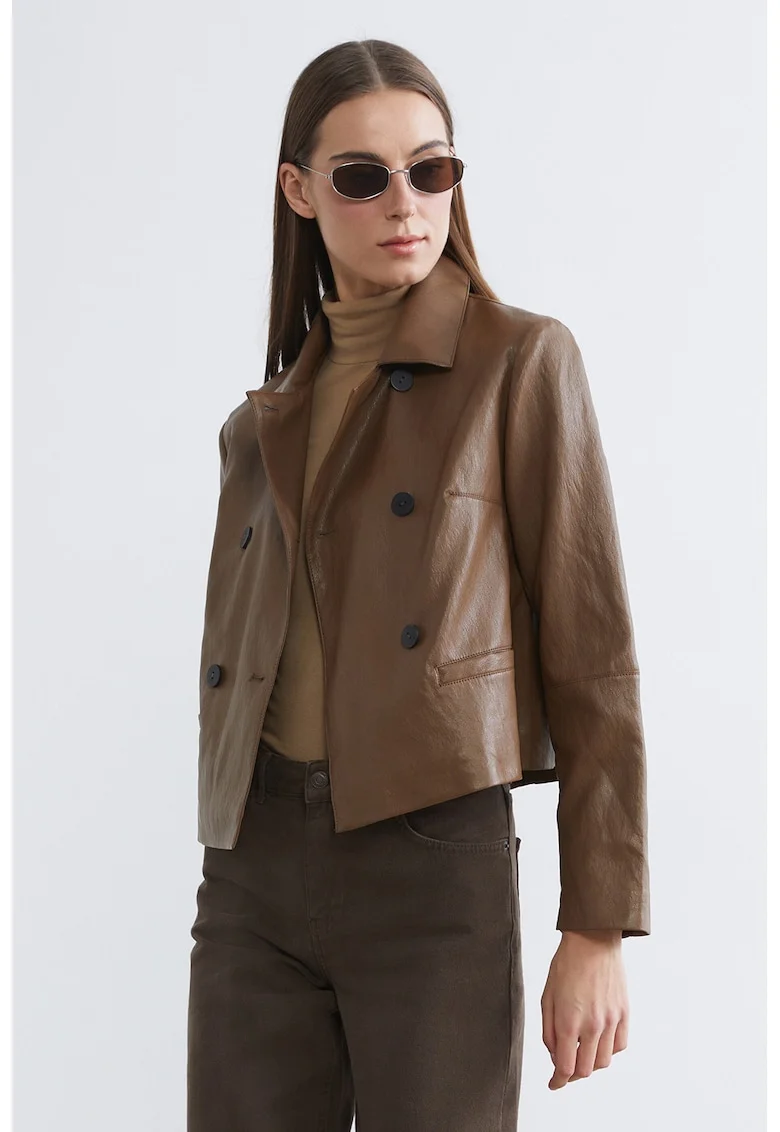 Jacheta biker din piele ecologica cu buzunare, Caramel