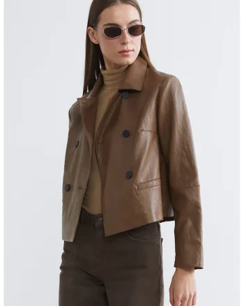 Jacheta biker din piele ecologica cu buzunare, Caramel