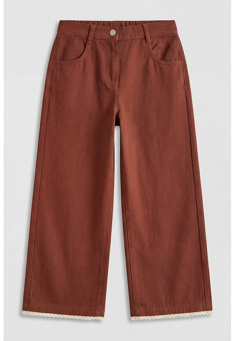 Pantaloni cu croiala dreapta si garnitura din dantela, Caramiziu