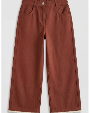 Pantaloni cu croiala dreapta si garnitura din dantela, Caramiziu