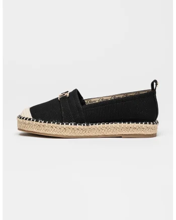 Espadrile din panza cu aplicatie cu logo metalic, Negru/Bej deschis