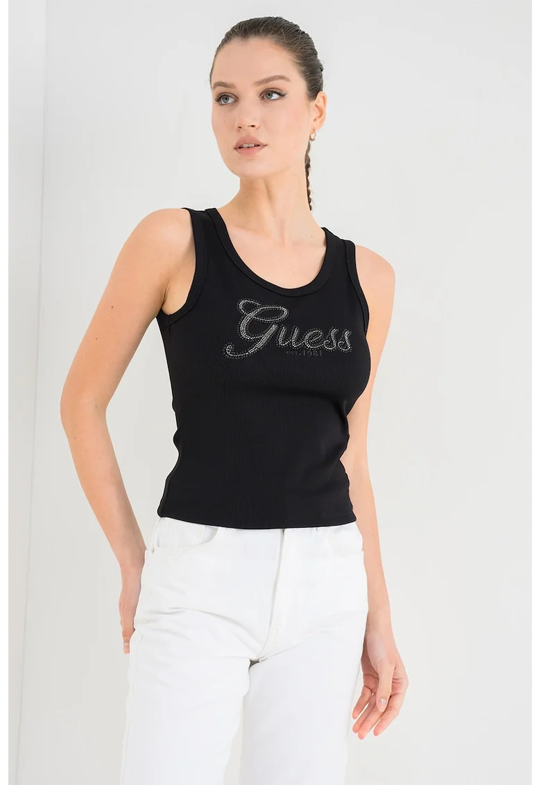 Top slim-fit cu striatii si logo, Negru