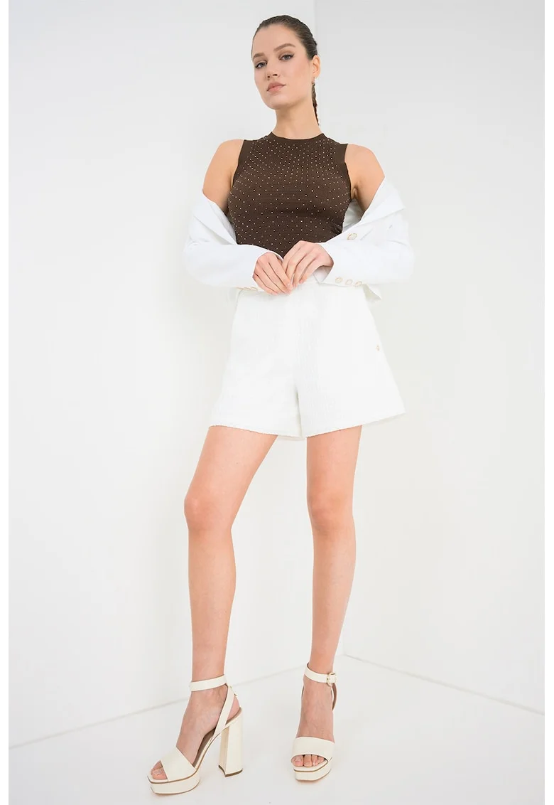 Top slim-fit cu aplicatii din strasuri, Maro inchis
