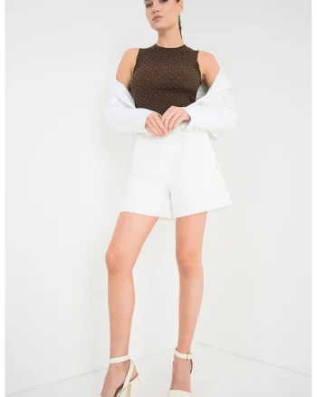 Top slim-fit cu aplicatii din strasuri, Maro inchis
