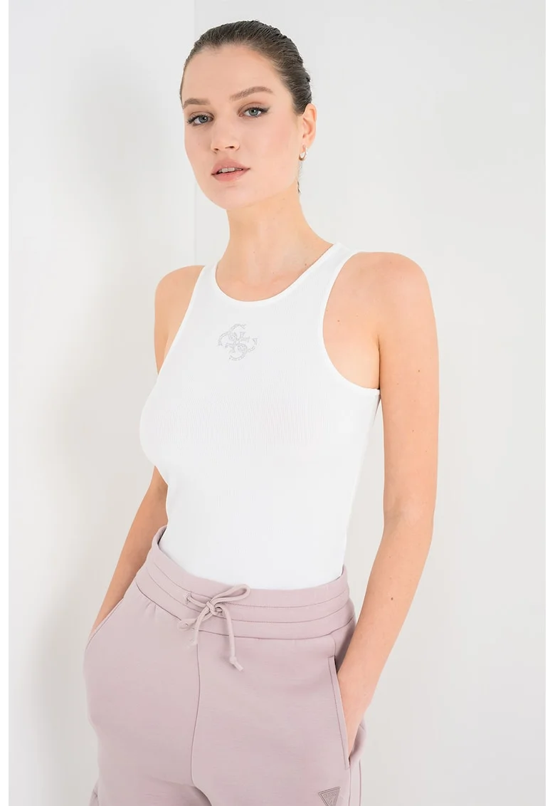 Top slim-fit cu striatii si logo din strasuri, Alb optic