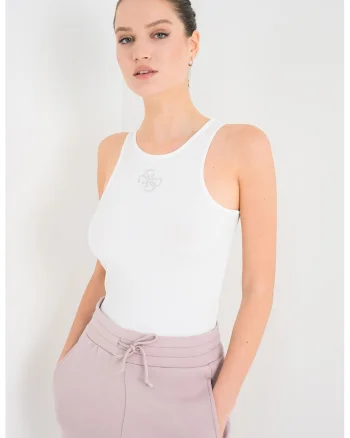 Top slim-fit cu striatii si logo din strasuri, Alb optic
