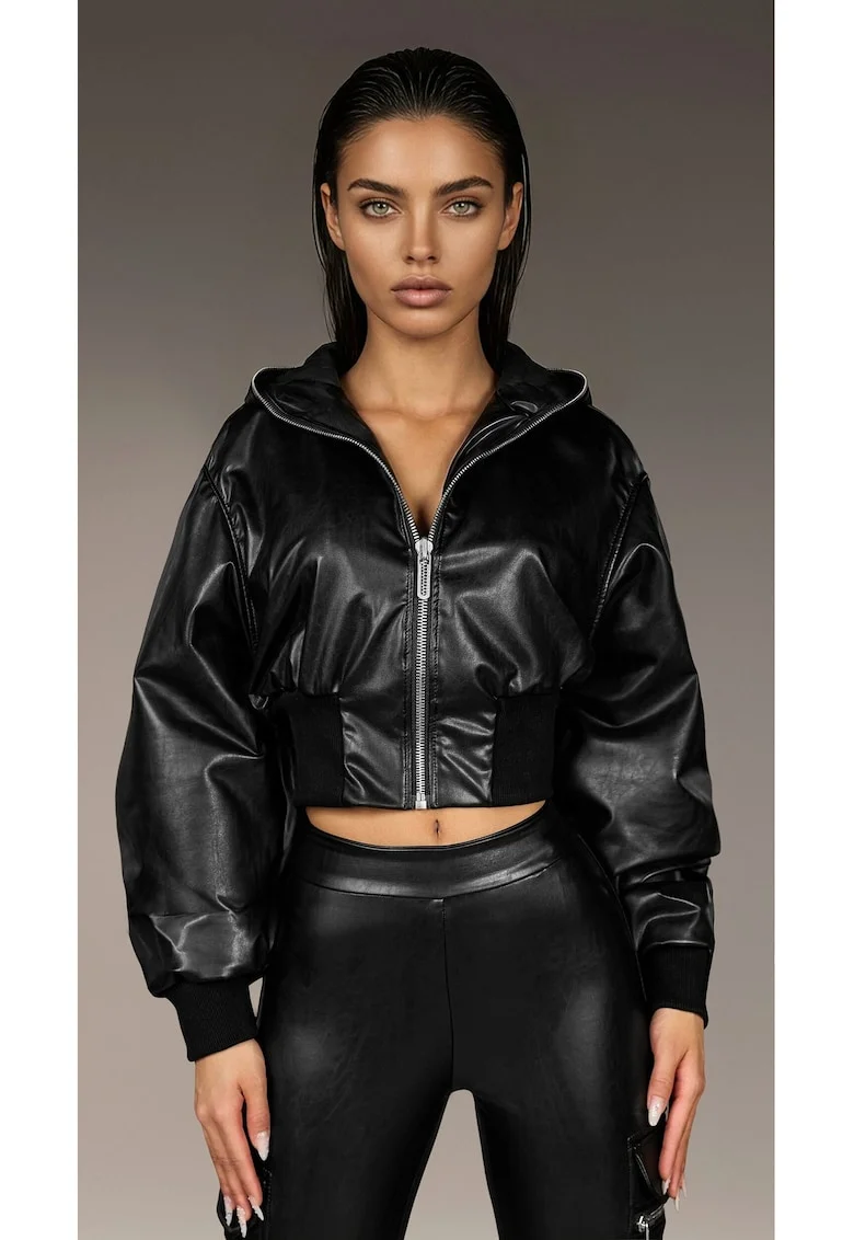 Jacheta crop din piele ecologica Rust, Negru