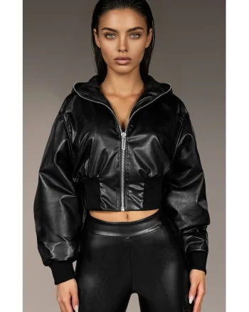 Jacheta crop din piele ecologica Rust, Negru
