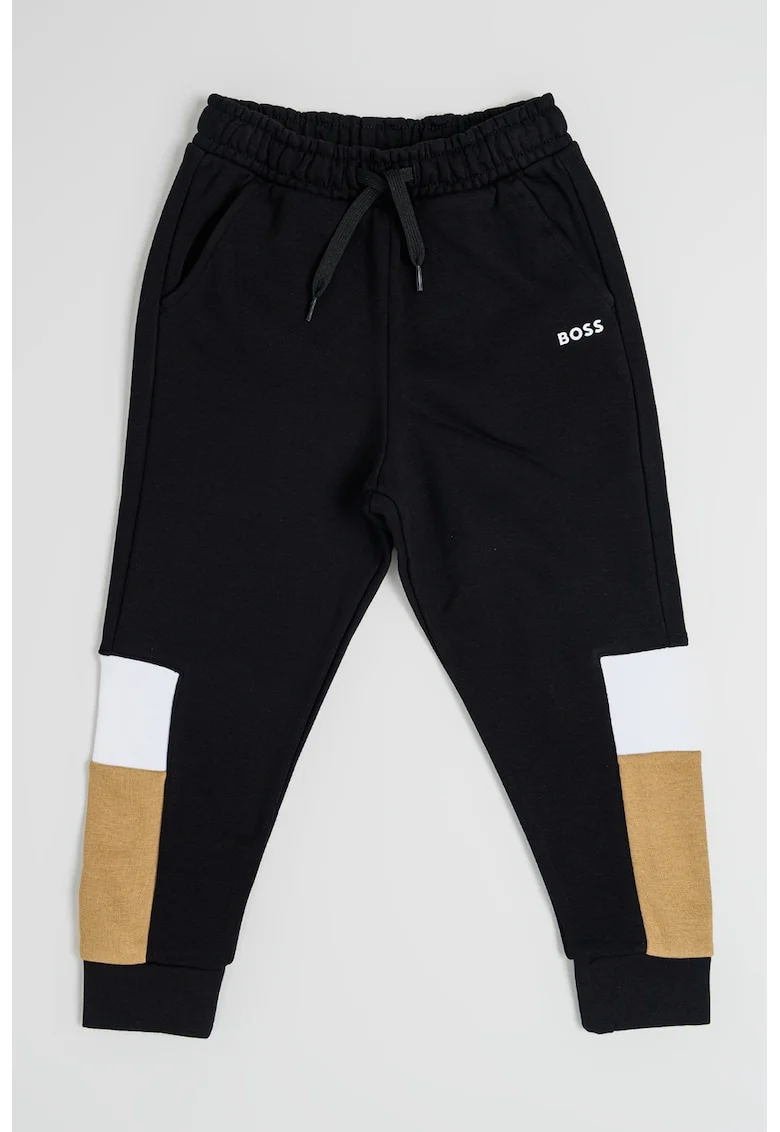 Pantaloni de trening cu snur si model colorblock, Negru/Maro camel