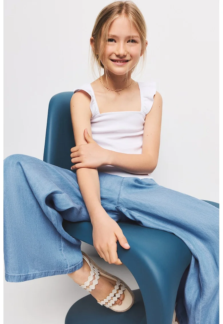 Pantaloni din material chambray cu talie ajustabila, Albastru deschis