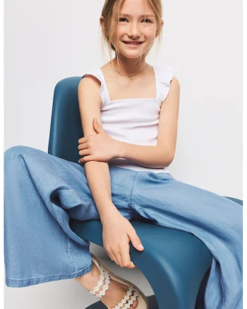 Pantaloni din material chambray cu talie ajustabila, Albastru deschis