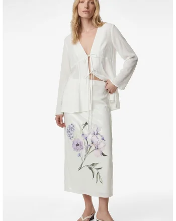 Fusta cu talie medie si model floral, Alb/Lila