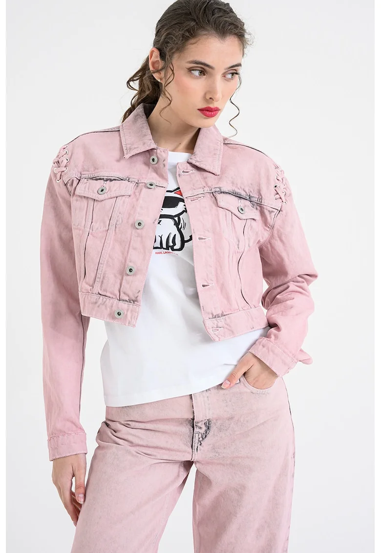 Jacheta crop din denim cu buzunare cu clapa pe piept, Roz prafuit