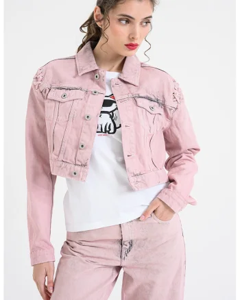 Jacheta crop din denim cu buzunare cu clapa pe piept, Roz prafuit