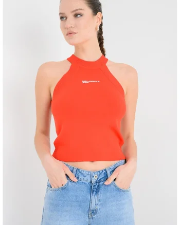 Tricou crop cu imprimeu logo, Portocaliu mandarina