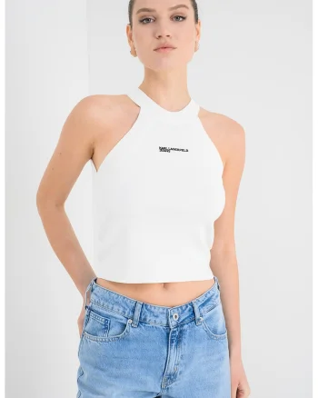Tricou crop cu imprimeu logo, Alb