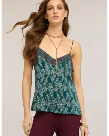 Top cu model paisley si decolteu in V, Alb/Verde persan