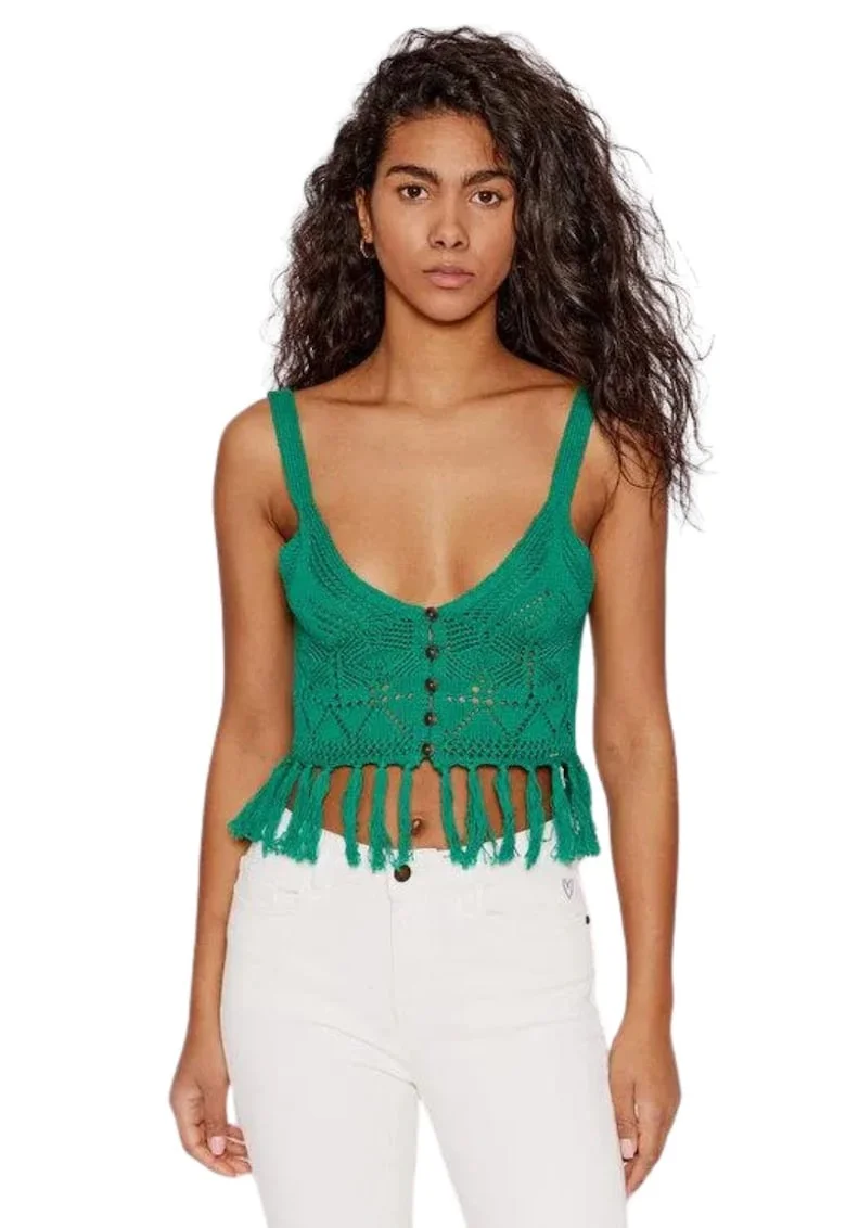 Top crop crosetat cu franjuri,