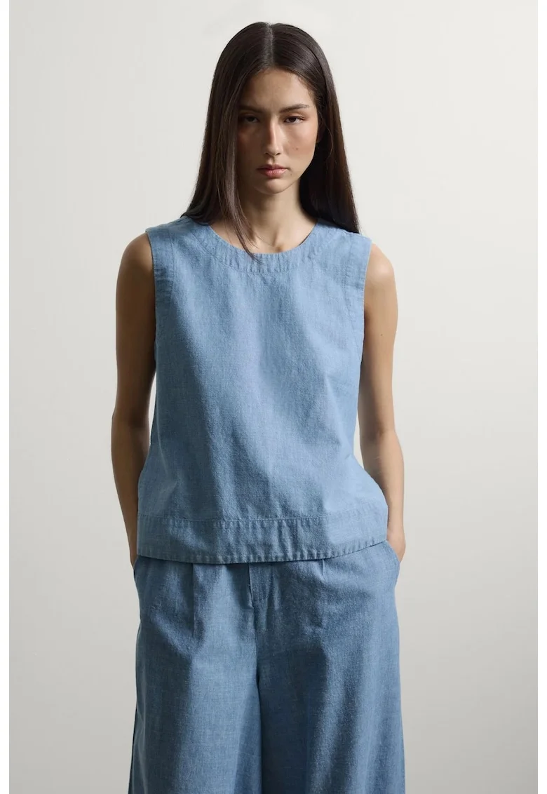 Top din chambray cu decolteu la baza gatului, Albastru