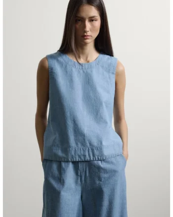 Top din chambray cu decolteu la baza gatului, Albastru