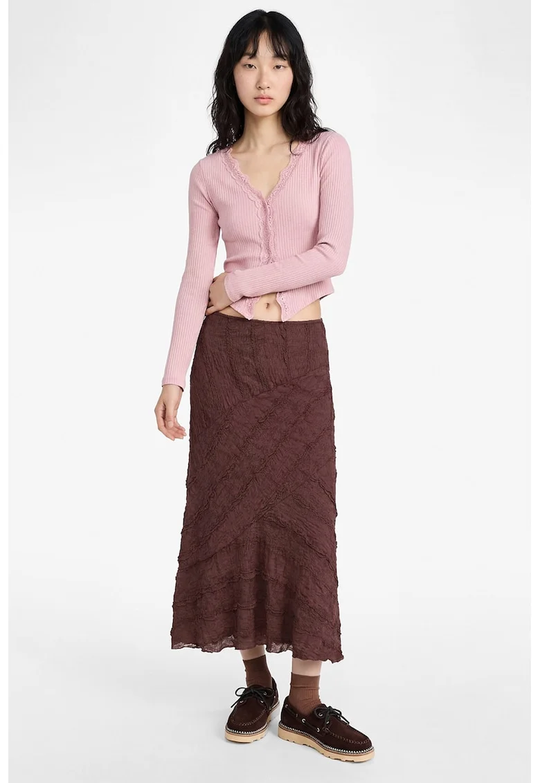 Bluza crop cu decolteu in V, Roz pastel