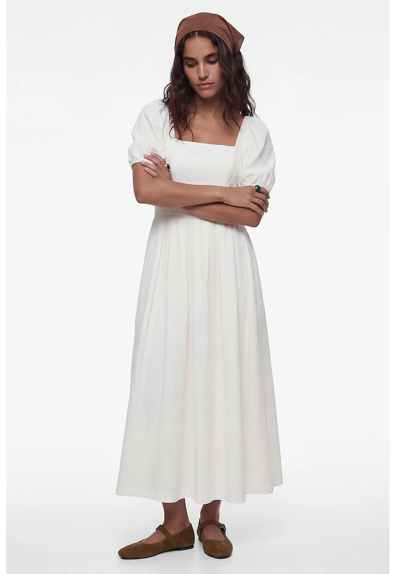 Rochie midi cu maneci bufante, Alb murdar