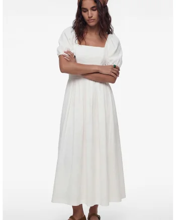 Rochie midi cu maneci bufante, Alb murdar