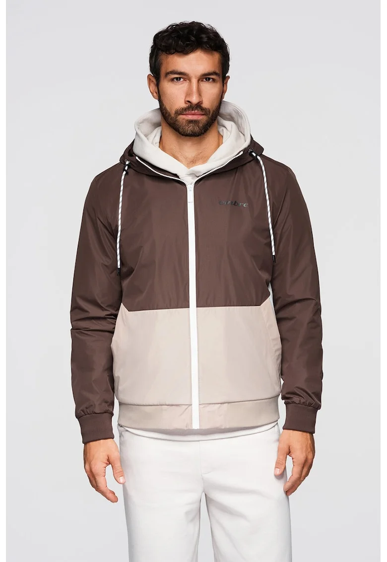 Jacheta cu gluga si captuseala din material fleece, Maro/Alb murdar