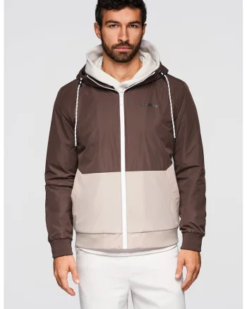 Jacheta cu gluga si captuseala din material fleece, Maro/Alb murdar