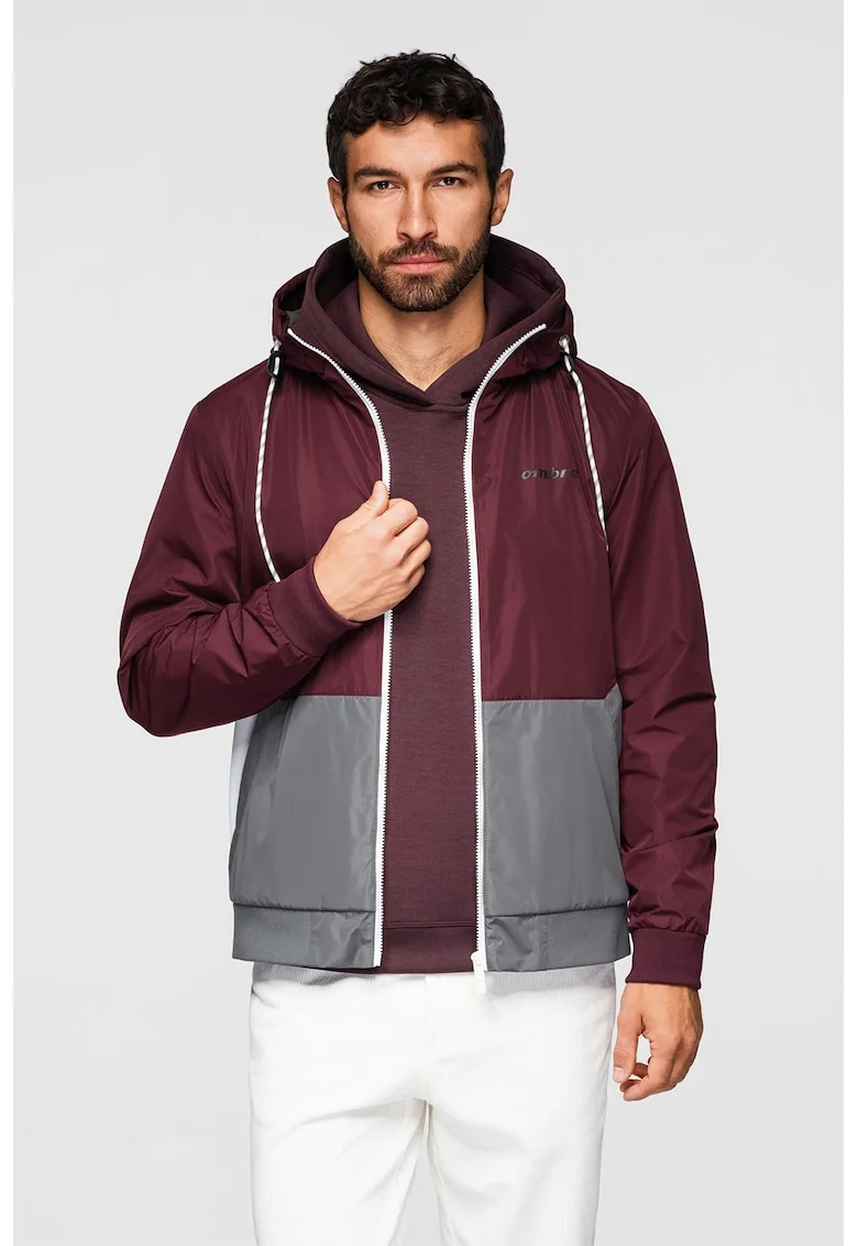Jacheta cu gluga si captuseala din material fleece, Visiniu/Gri