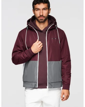 Jacheta cu gluga si captuseala din material fleece, Visiniu/Gri