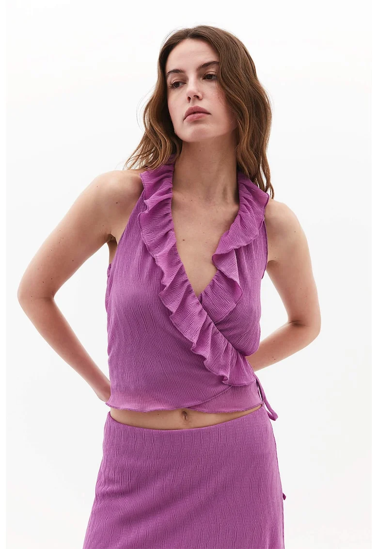 Top crop cu model halter si volane, Roz orhidee