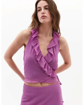 Top crop cu model halter si volane, Roz orhidee