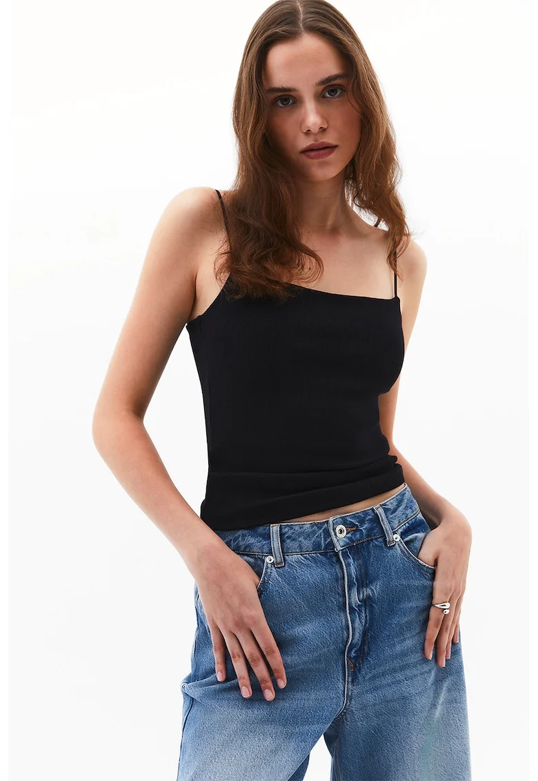 Top slim fit cu bretele inguste, Negru