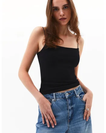 Top slim fit cu bretele inguste, Negru