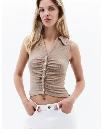Top crop cu model uni, Maro taupe deschis