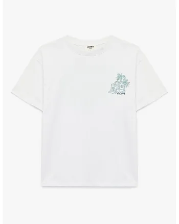Tricou de bumbac cu imprimeu text si grafic, Verde pal/Alb murdar