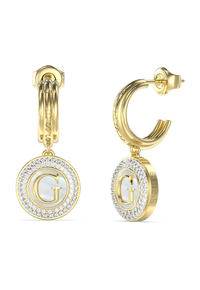 Cercei drop cu talisman logo cu cristale, Auriu