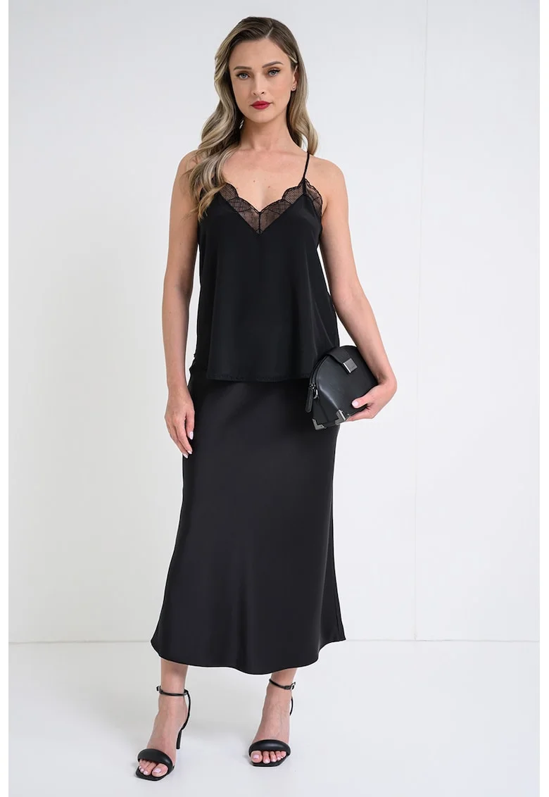 Top din matase cu detaliu din dantela Christy, Negru