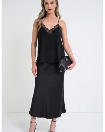 Top din matase cu detaliu din dantela Christy, Negru