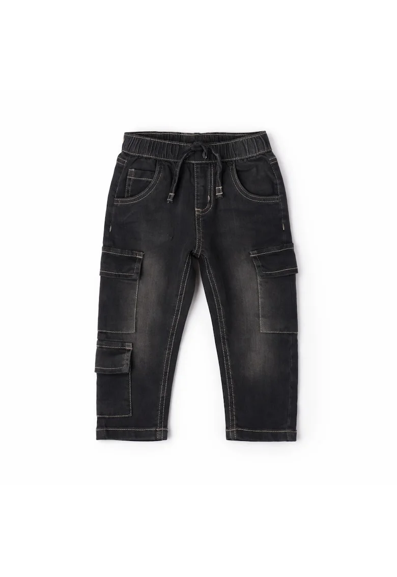 Pantaloni baieti iDO tip cargo denim elastic din bumbac talie reglabila si snur croiala balloon fit Gri inchis