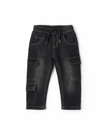 Pantaloni baieti iDO tip cargo denim elastic din bumbac talie reglabila si snur croiala balloon fit Gri inchis