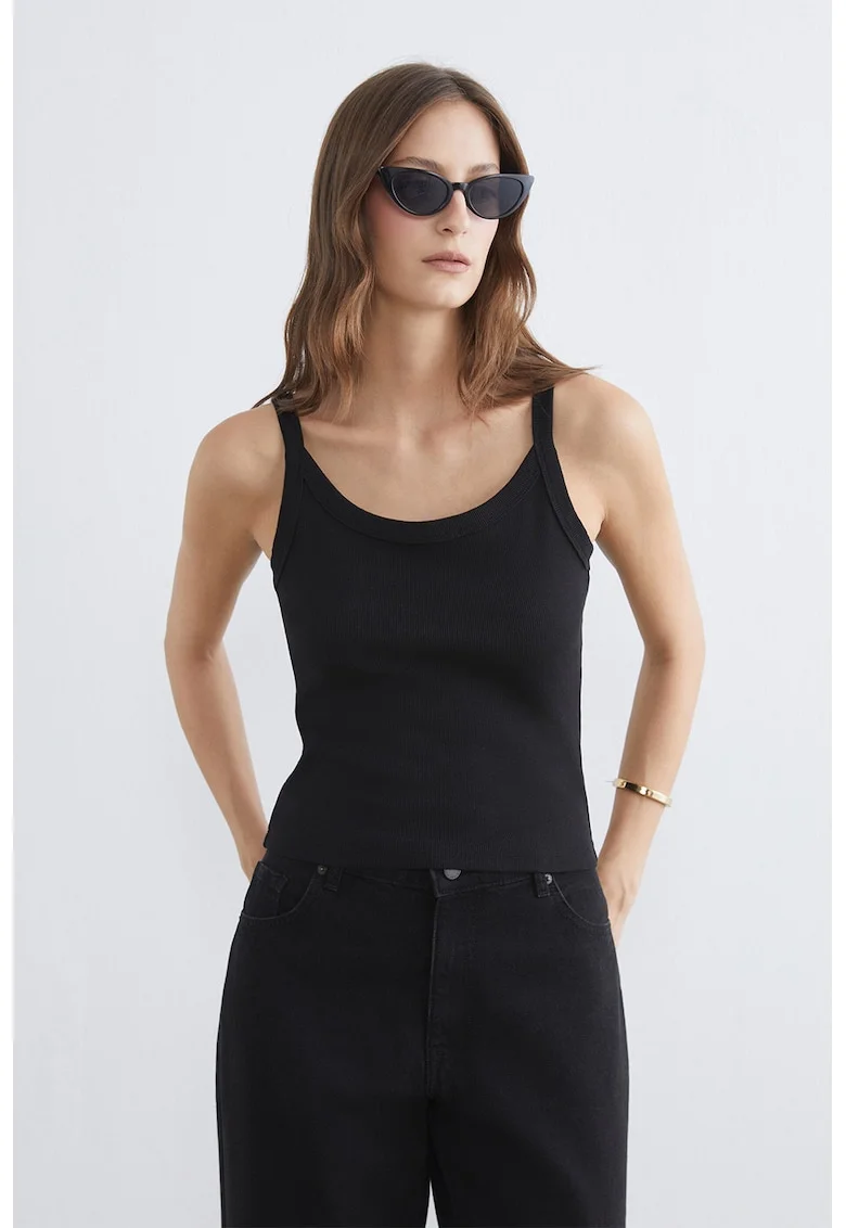 Top striat cu decolteu drapat, Negru