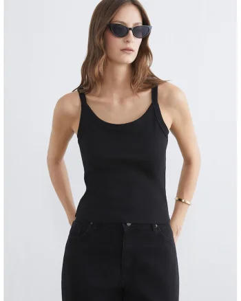 Top striat cu decolteu drapat, Negru