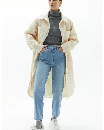 Blugi mom fit cu talie inalta, Crem