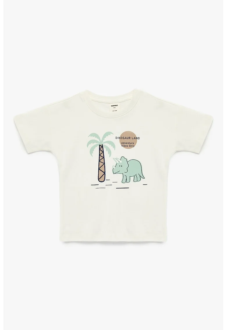 Tricou de bumbac cu dinozaur, Verde/Alb fildes/Maro taupe