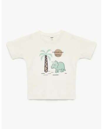 Tricou de bumbac cu dinozaur, Verde/Alb fildes/Maro taupe