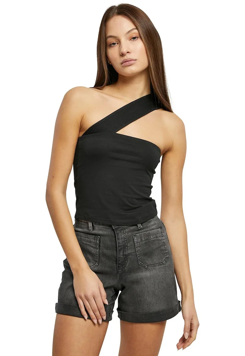 Top slim fit cu decolteu pe un umar, Negru